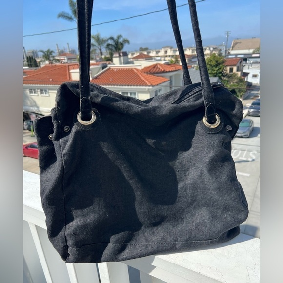 White Elephant Florence Italy linen canvas black fringe beaded tote aztec hippie - Picture 3 of 15